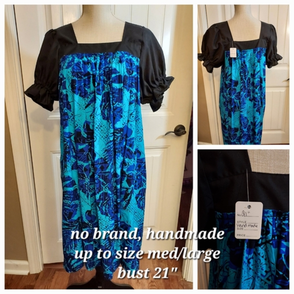 Handmade Muu Muu Dress Women Med Large Blue Tropical‎ Floral Puff Sleeve Square